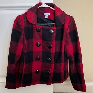 Red and Black Plaid Wool Coat